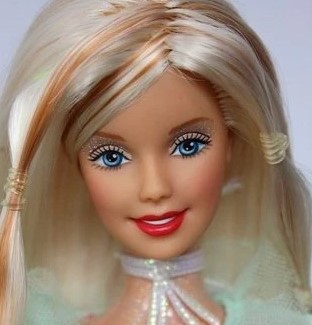 The face of a 1990s Barbie doll with blonde hair and sparkly eyeshadow